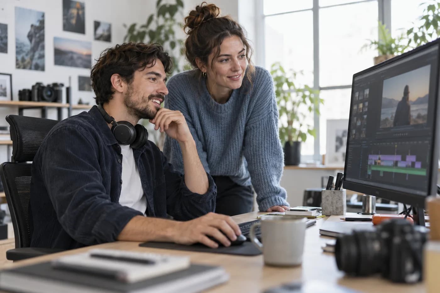 Media creatives collaborating at a video editing workstation.