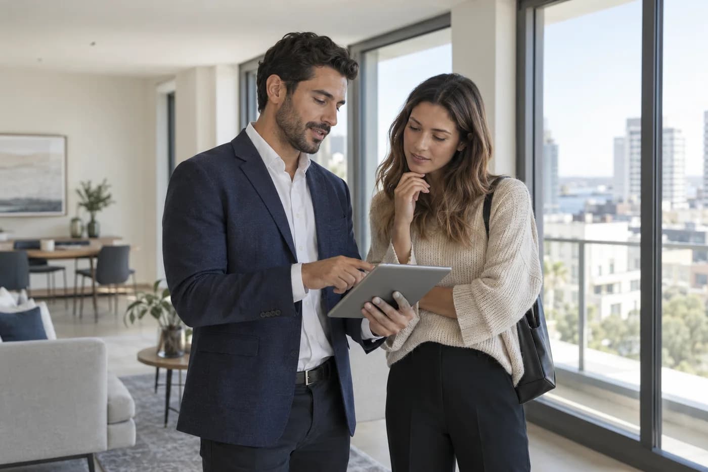 A property adviser and prospective resident reviewing details on a tablet in an apartment.