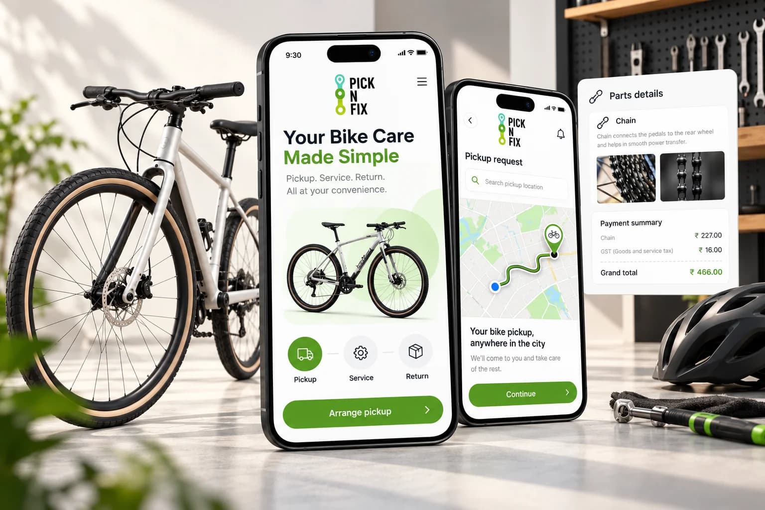 Pick N Fix bike-care app on two phones showing service booking and pickup tracking, beside a bicycle and a parts and payment summary.