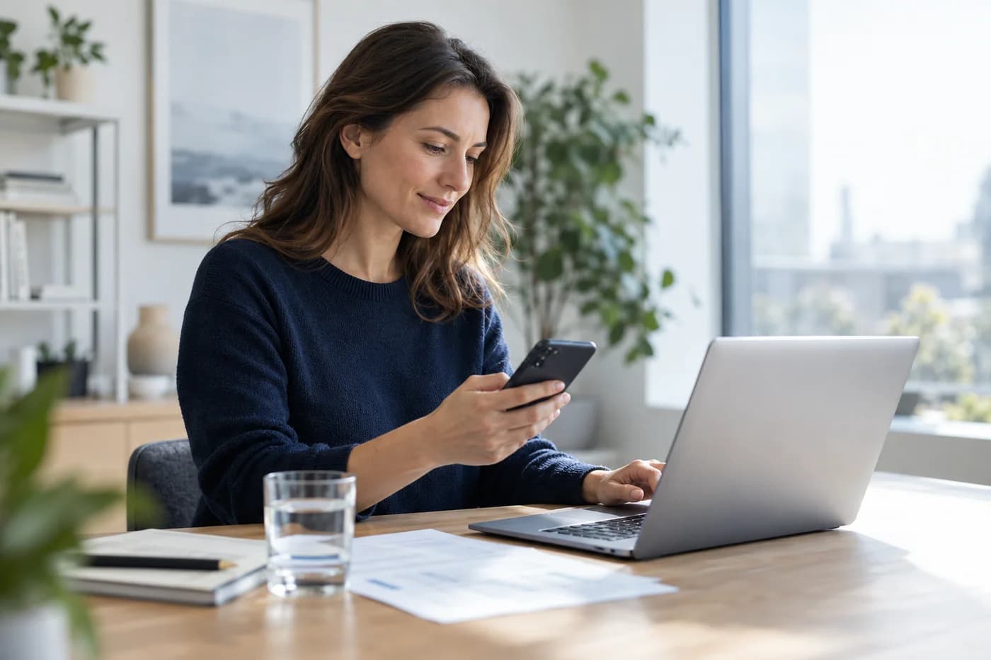 A professional using a smartphone and laptop to review their finances.