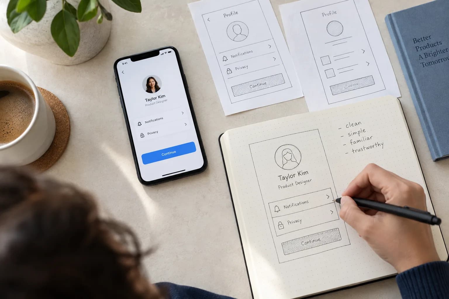 A designer sketching an interface beside a working mobile prototype