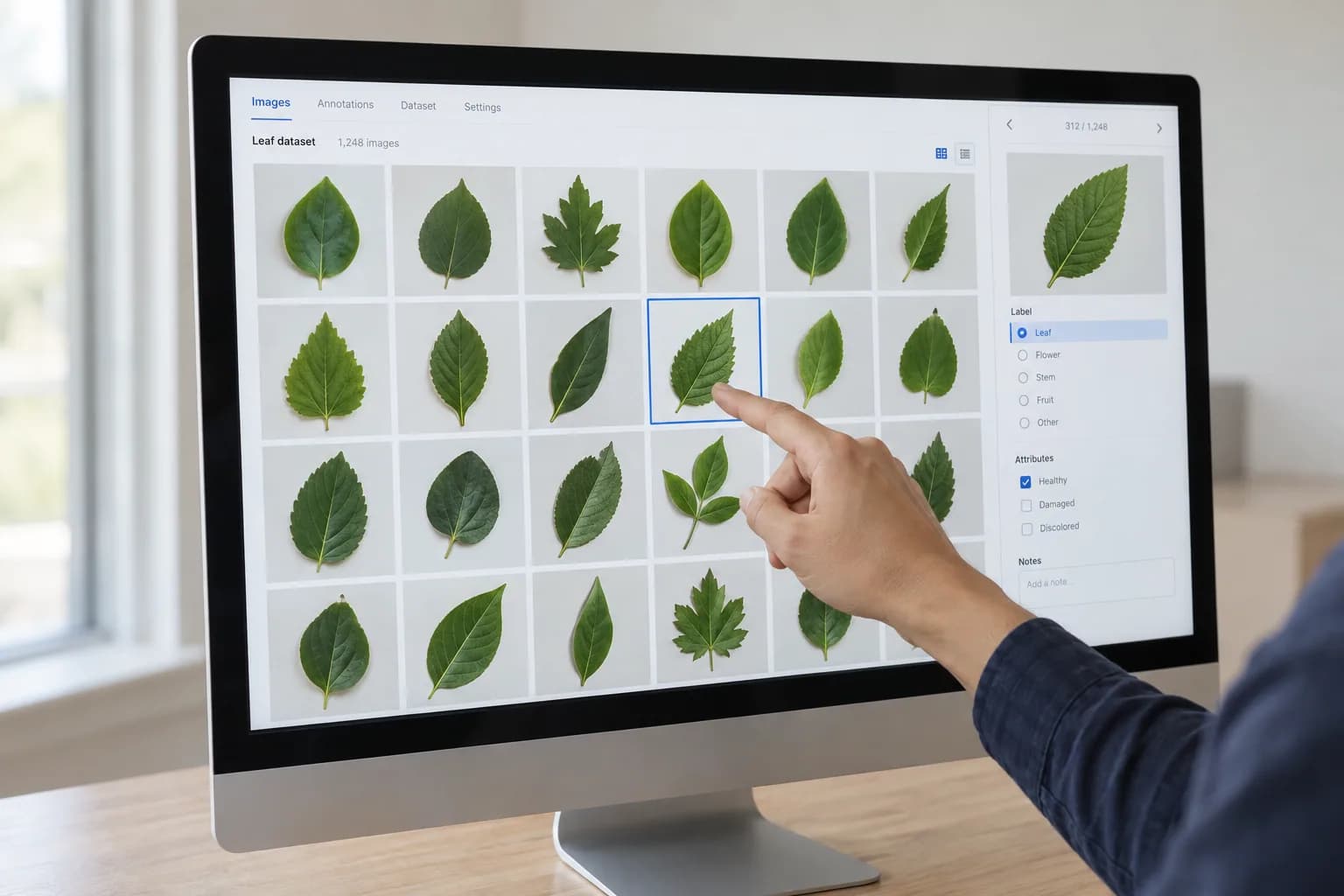 A data specialist reviewing labelled leaf images in an annotation tool